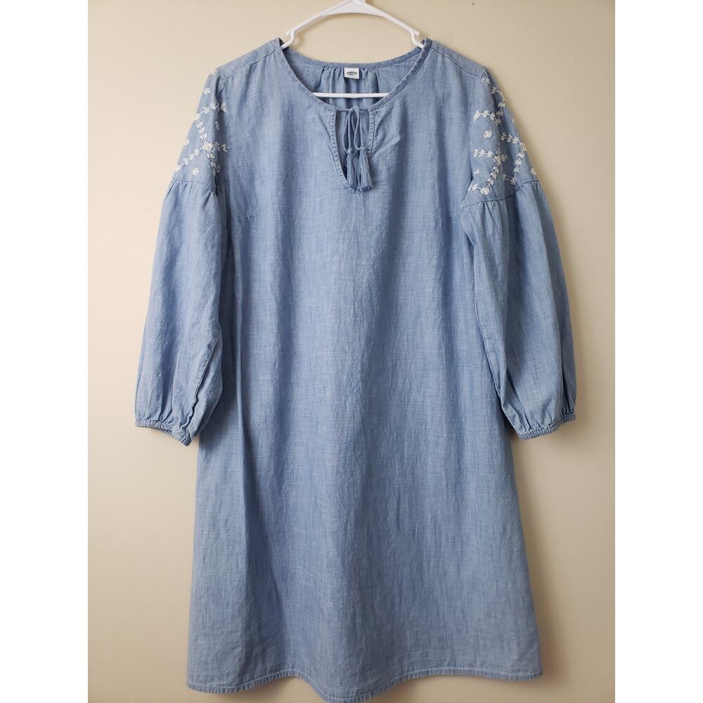 OLD NAVY Womens Dress Size M Chambray Tassel Embroidered Boho Sundress Tunic